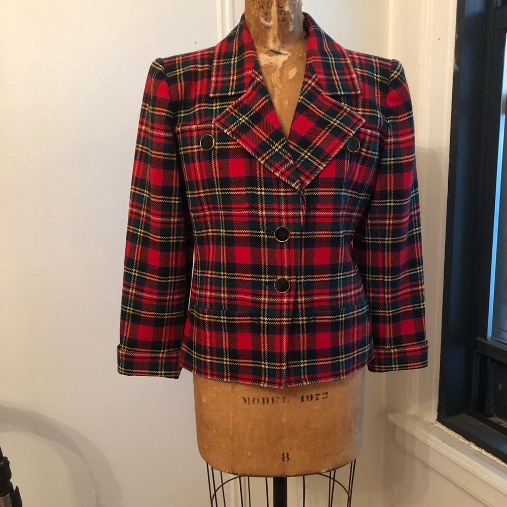 Vintage Yves Saint Laurent plaid wool jacket red fitted with shoulder pads 40